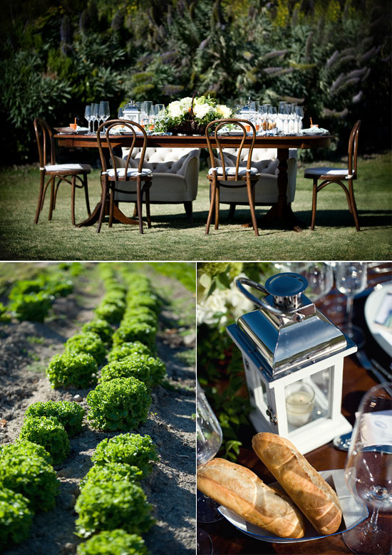 Outdoor dining table set for a party with fresh produce nearby