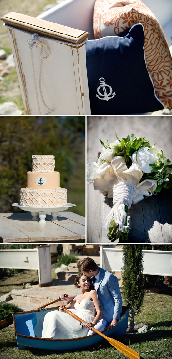 Nautical themed wedding decor with cake, bouquet, and couple in a boat