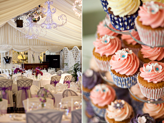 Elegant wedding venue with cupcakes display, purple and white decor