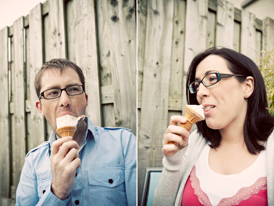 Man and woman enjoy ice cream cones outdoors on a sunny day