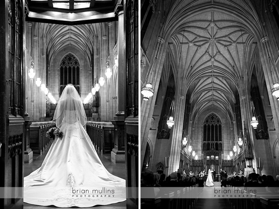 Bride walking down the aisle in a gothic church for her wedding