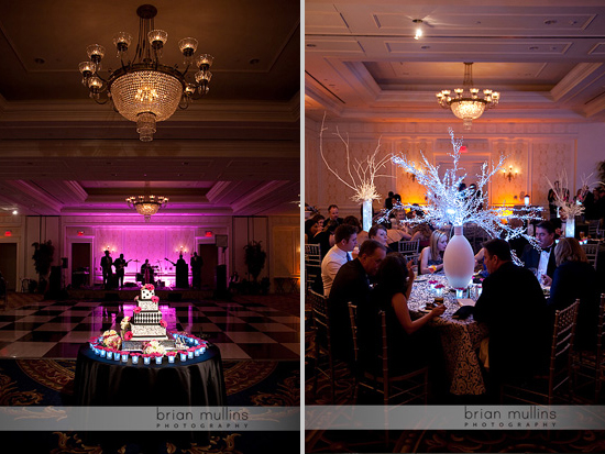 Elegant wedding reception with cake, band, and guests