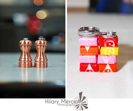 Wedding rings atop Starburst candy tower next to salt and pepper shakers