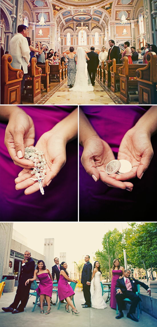 Wedding day scenes: church aisle, hands holding coins, group photo