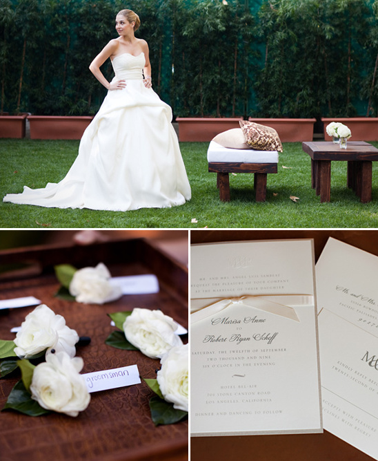 Elegant outdoor wedding scene with bride and details
