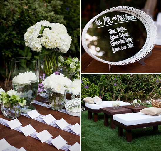 Elegant outdoor wedding reception decor with flowers and seating