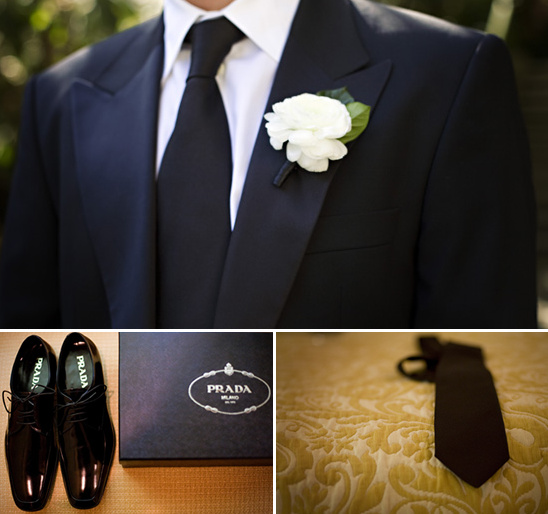 Elegant man's suit with flower, Prada shoes and tie for a wedding