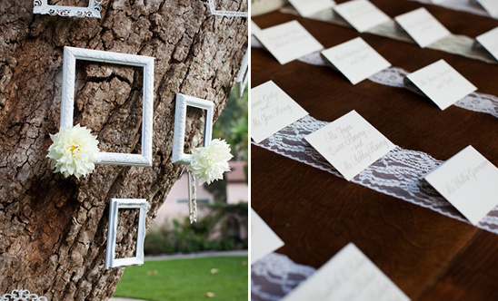 Wedding decor with tree frames and table name cards in white