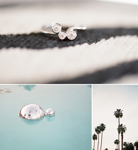 Diamond ring close up and a calm water with palm trees on the side