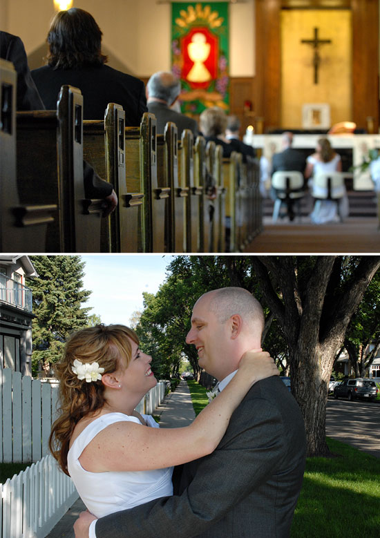 Wedding ceremony in a church and happy newlywed couple in a street