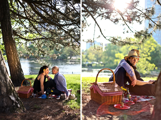 Couple enjoying a romantic picnic by the lake under the shade