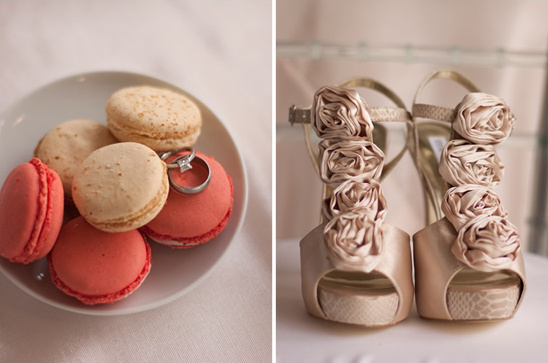 Wedding macaroons and floral shoes ready for the celebration
