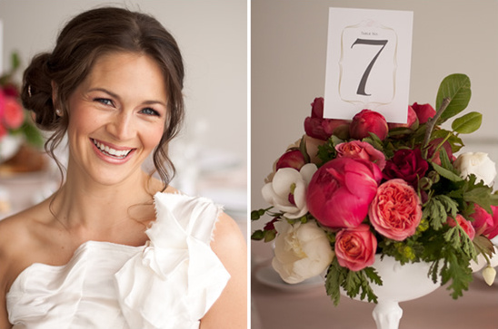 Happy bride smiles next to floral centerpiece with table number 7