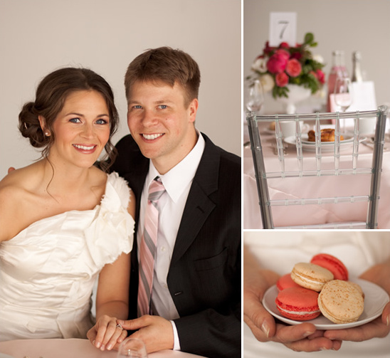 Happy couple and wedding details: table setting, desserts, and flowers