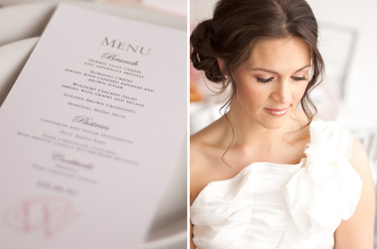 Bride in white dress with brunch menu at a wedding