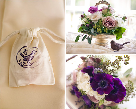 Bird theme wedding decor with flowers and a stamped bag