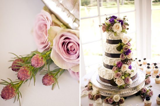 Elegant wedding cake with flowers and a bridal bouquet