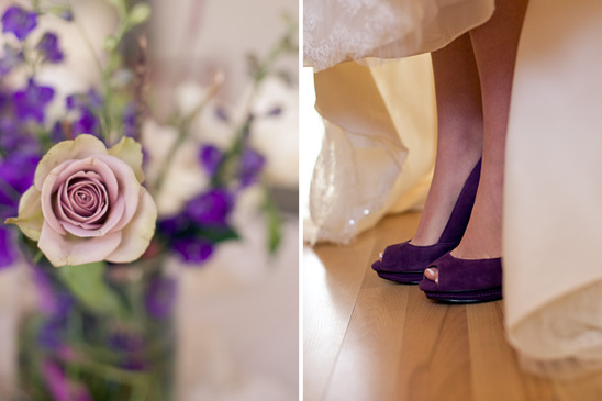 Purple flowers, bridesmaid shoes wedding day details