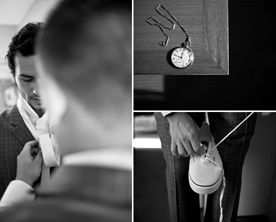 A man preparing, with a pocket watch and tying shoe laces