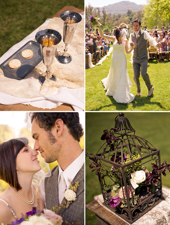 Wedding day photos of happy couple and decorations, outdoor ceremony