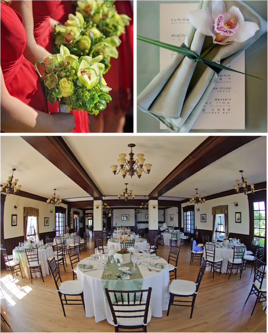 Wedding reception details, including floral bouquets and tables