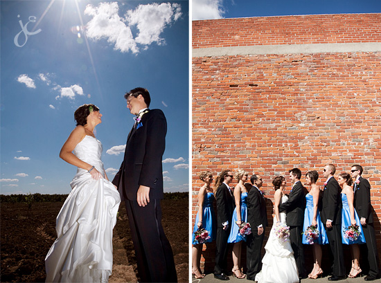 wedding party, brick wall, turqoise bridesmaid dresses