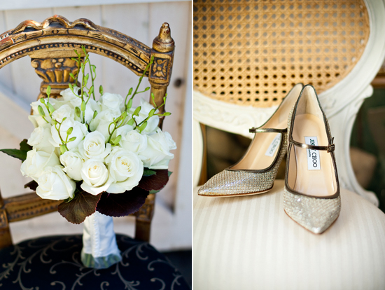 Elegant bridal bouquet with shoes on a classic chair