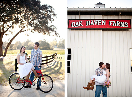 Couple at Oak Haven Farms with bicycle and kiss, engagement photo