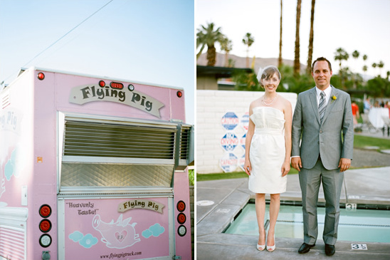 Wedding couple stands near the Flying Pig food truck