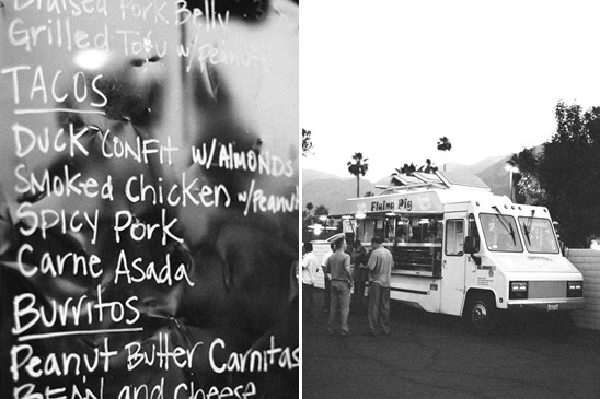 Flying Pig food truck with menu, offering delicious tacos and burritos