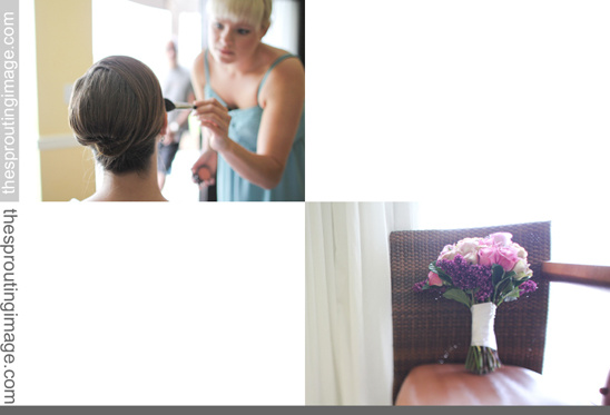 Bride getting makeup and bouquet  Wedding preparations