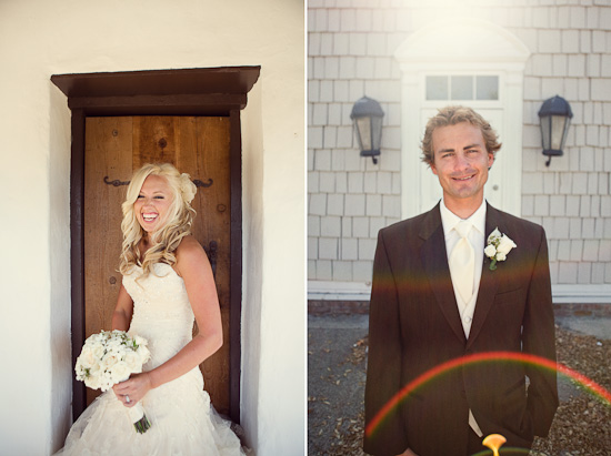 Bride and groom smiling on their wedding day in their dresses