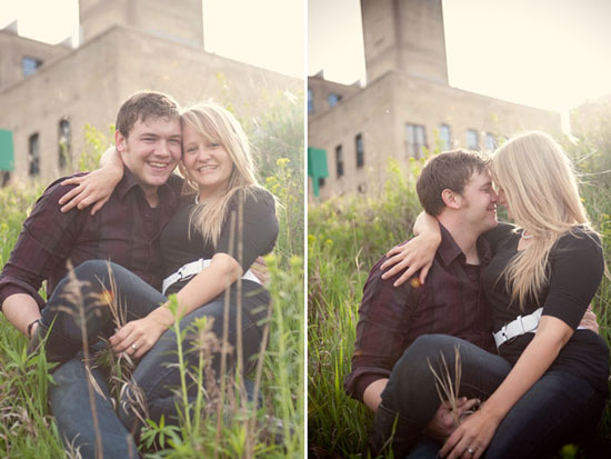 Happy couple embracing in a field, engagement photoshoot