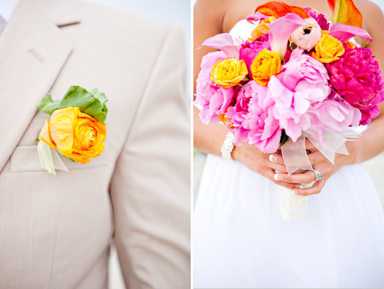 Bright pink bridal bouquet and groom's boutonniere