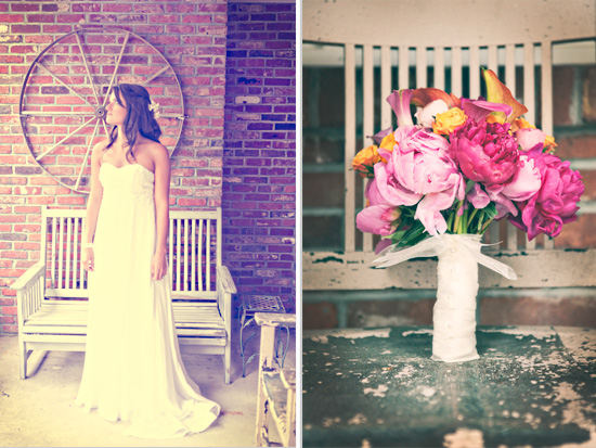Bride in wedding gown and vibrant pink peony bouquet