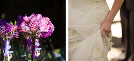 Purple wedding flowers and a wedding dress