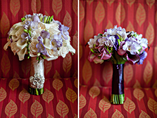 Two elegant wedding bouquets in shades of purple and white