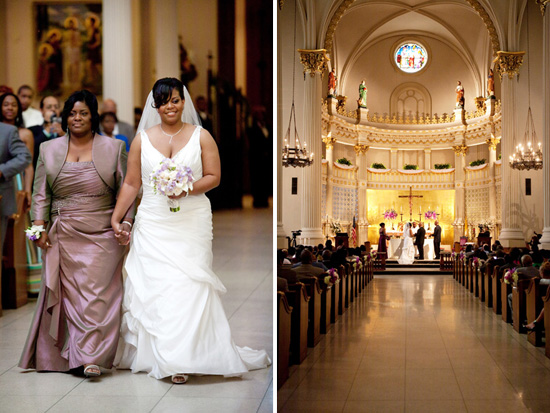 Bride and her mother walking down the aisle at a church wedding