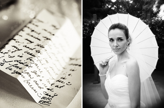 Handwritten wedding love letter and bride with parasol