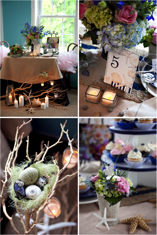 Coastal wedding table settings with flowers and decor