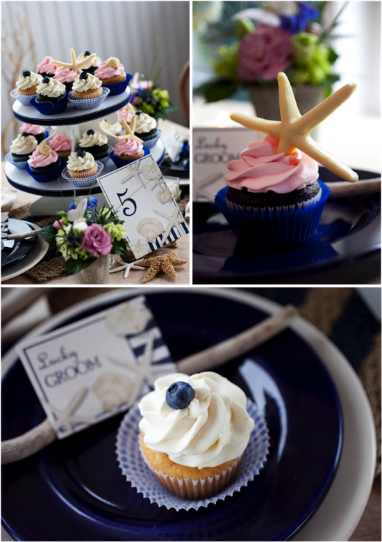 Delicious navy blue and pink cupcakes with starfish decor
