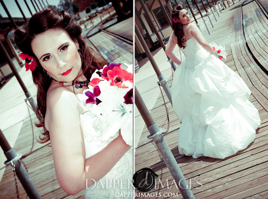 Bride in vintage wedding dress with flowers