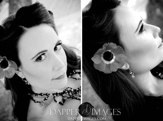 Black and white portrait of woman with flower in hair