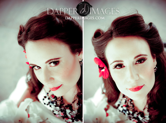 Vintage styled woman with red flower in hair