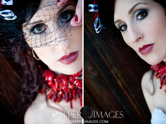 Woman with red lipstick and coral necklace