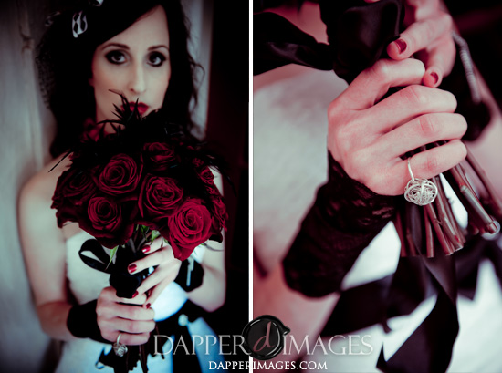 Dark roses bridal bouquet held by bride
