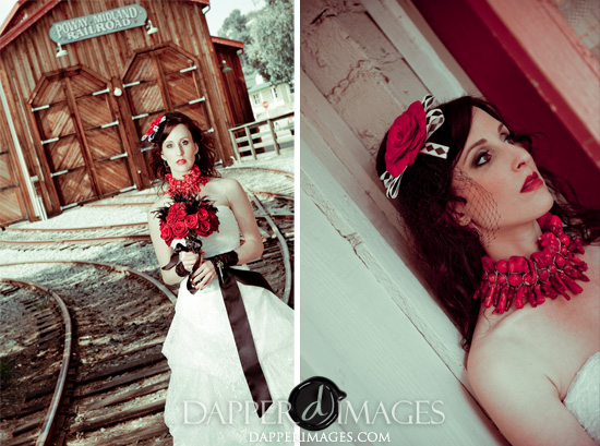 Bride in red and black wedding dress