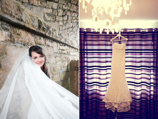Bride in veil and wedding dress hanging