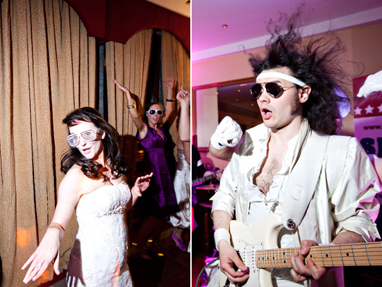 Bride and rocker guests dance at wedding reception