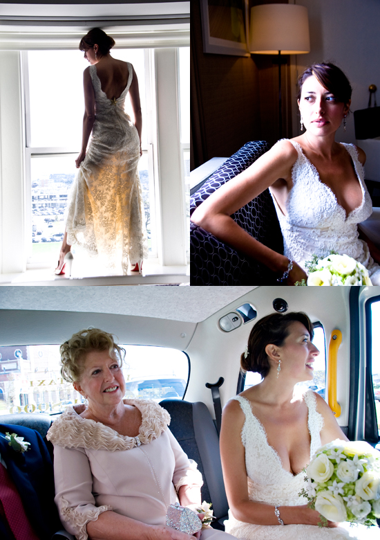 Bride in wedding dress, mother and daughter in taxi